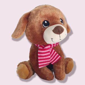 Kellytoy Brown Sitting Dog Red White Scarf Embroidered Eyes 8in